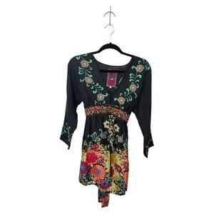 Johnny Was Silky Black Dress with Bright Floral Print